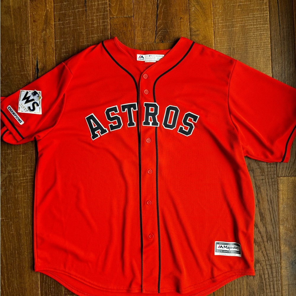 Signed Alex Bregman Houston Astros jersey. Signed name and “2017 WS Champs”